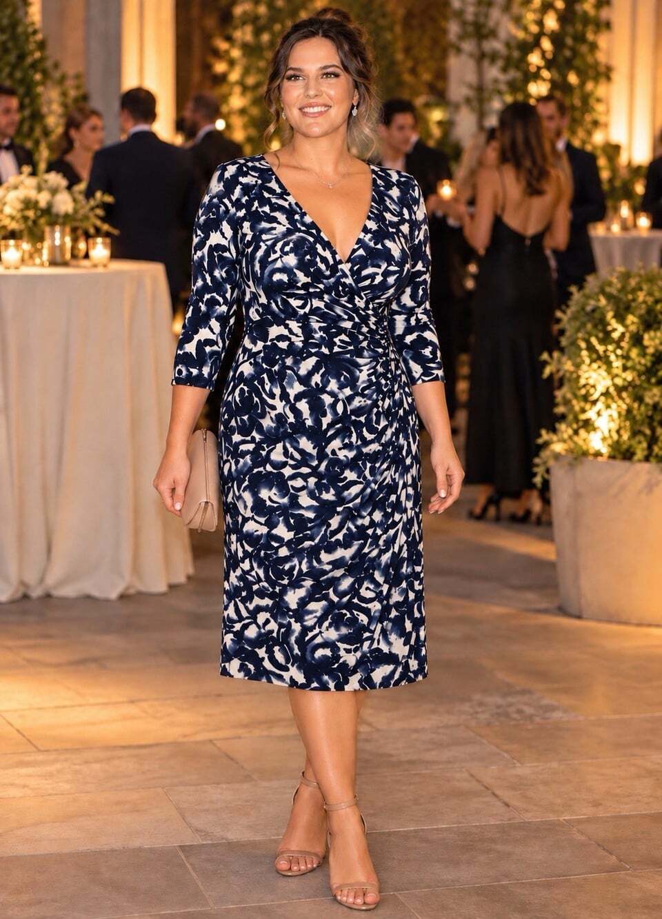 Lauren Ralph Lauren 18W Navy V-neck Midi Dress Ruched 3/4 Sleeve Stretch Career